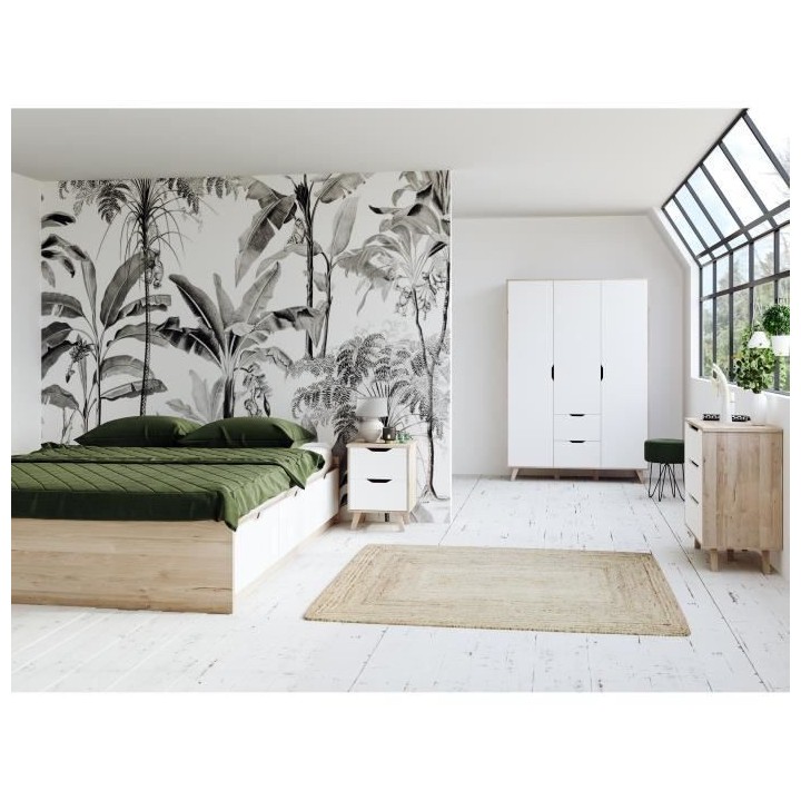 Chevet 2 tiroirs scandinave décor chene - L 45 - Pieds en massif - VA