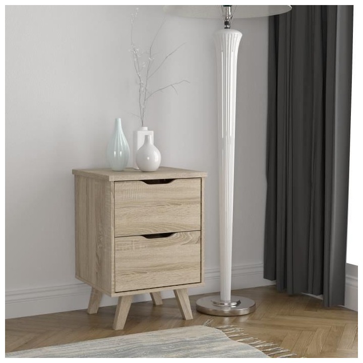 Chevet 2 tiroirs scandinave décor chene - L 45 - Pieds en massif - VA