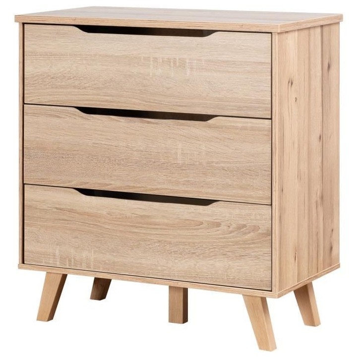Commode 3 tiroirs scandinave - Décor chene sonoma - Pieds en massif -