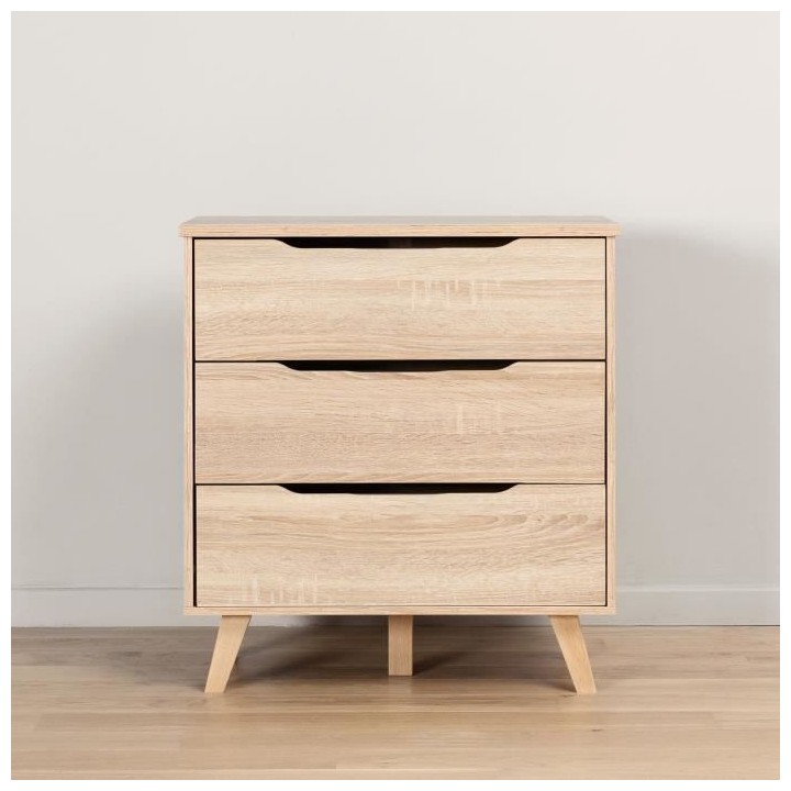 Commode 3 tiroirs scandinave - Décor chene sonoma - Pieds en massif -