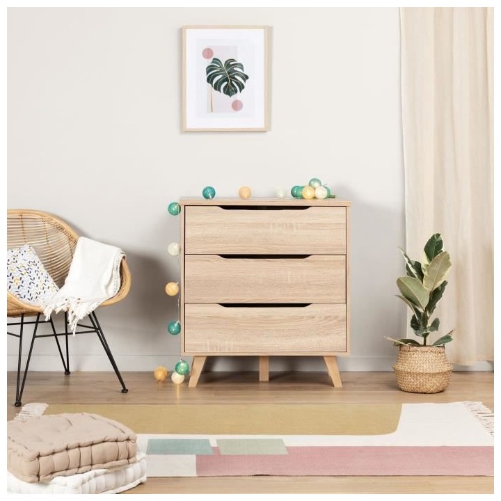 Commode 3 tiroirs scandinave - Décor chene sonoma - Pieds en massif -