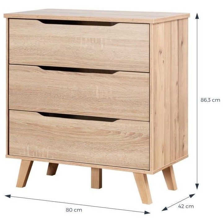 Commode 3 tiroirs scandinave - Décor chene sonoma - Pieds en massif -