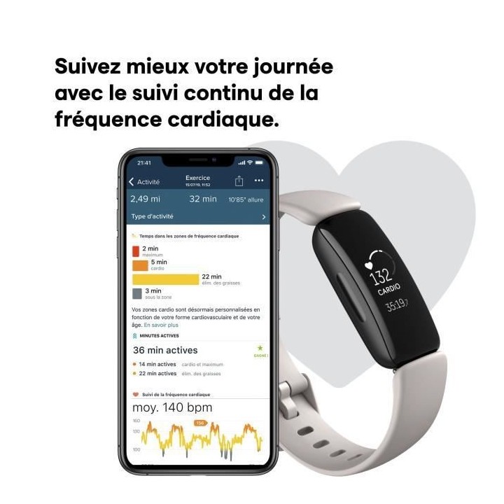 FITBIT Inspire 2 - Bracelet connecté - Autonomie 10 jours - Blanc