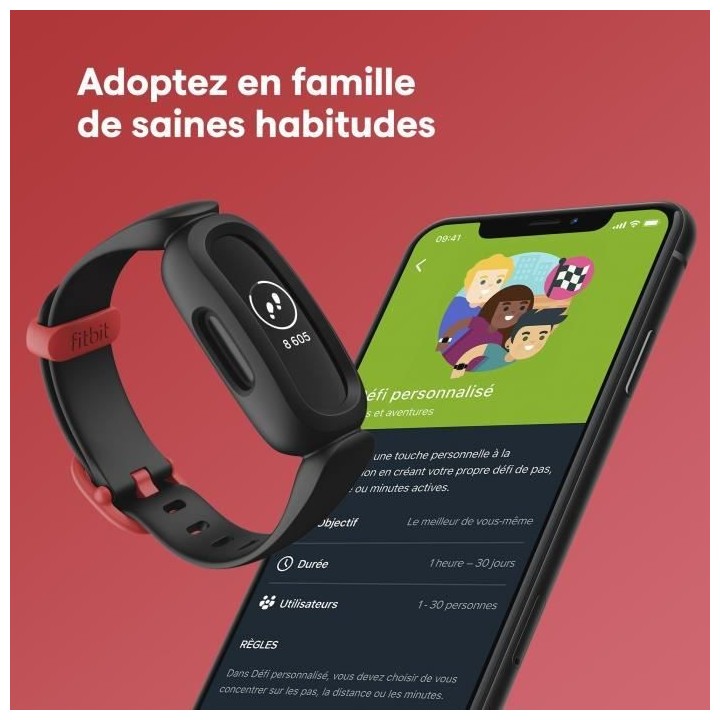 FITBIT Ace 3 - Bracelet connecté enfant - Noir et rouge