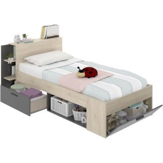 SAX Lit enfant multiples rangements - Décor Chene et anthracite - 90