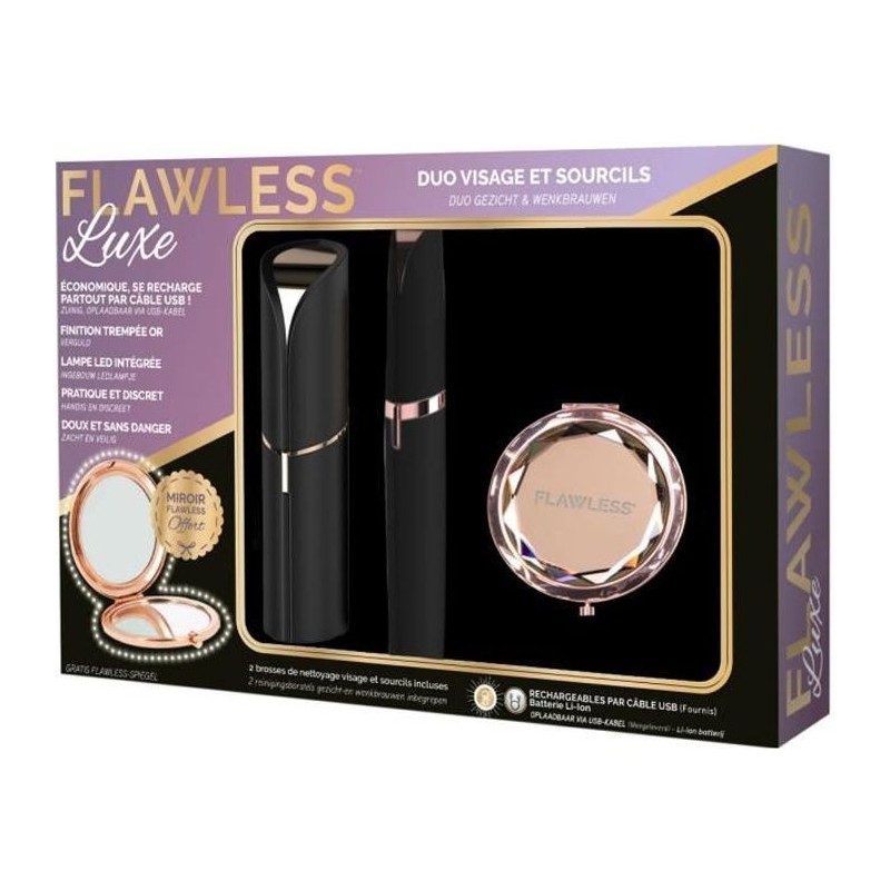 FLAWLESS - Coffret Epilateurs - Epilateurs Visage + Sourcils + Brosse de Nettoyage + Miroir Offert - USB Rechargeable