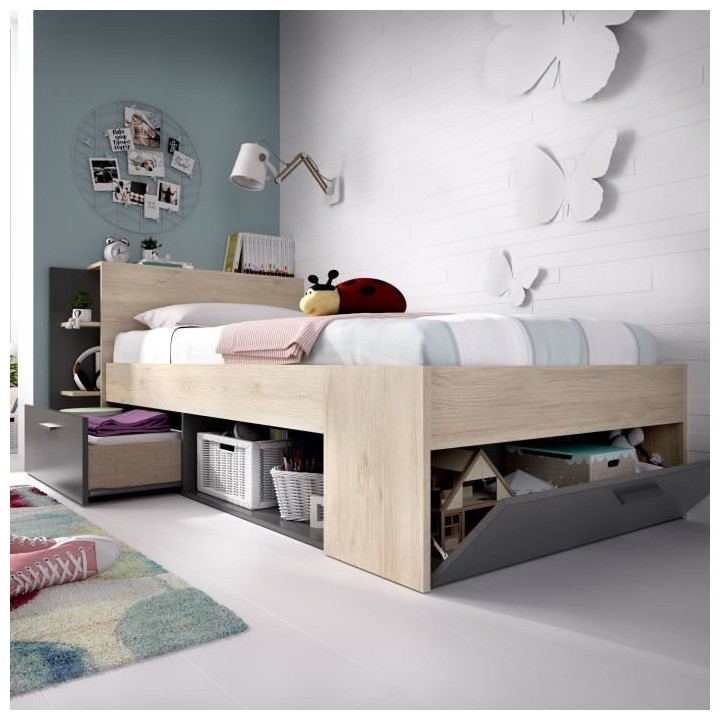 SAX Lit enfant multiples rangements - Décor Chene et anthracite - 90