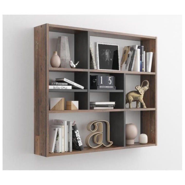 MIKA Etagere murale 9 compartiments - 90 x 78,5 x 16 cm - Noir Old sty