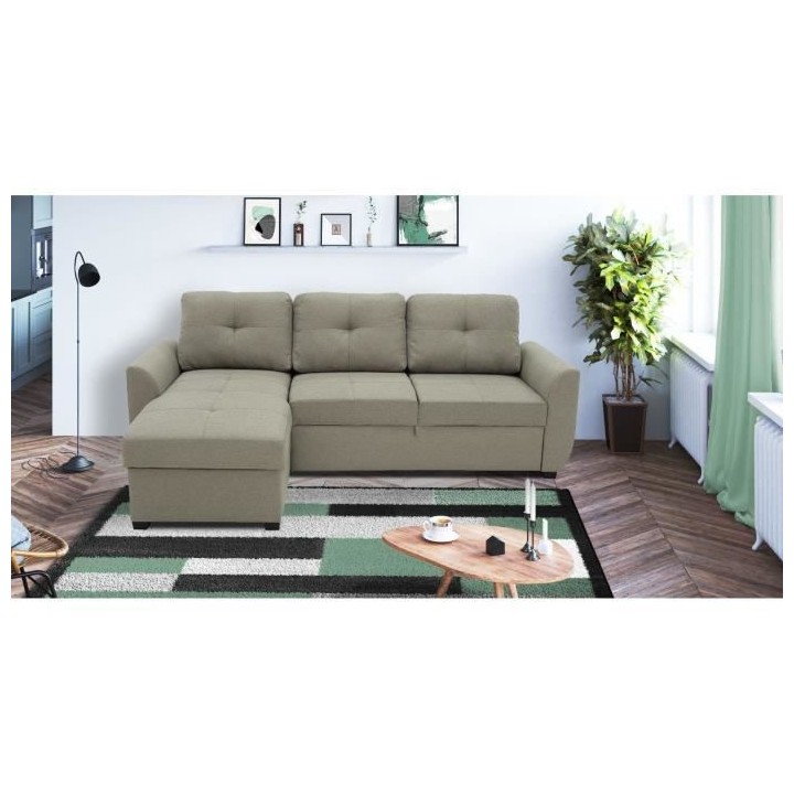 Canapé d'angle fixe réversible FOLK - Tissu beige - Contemporain - L