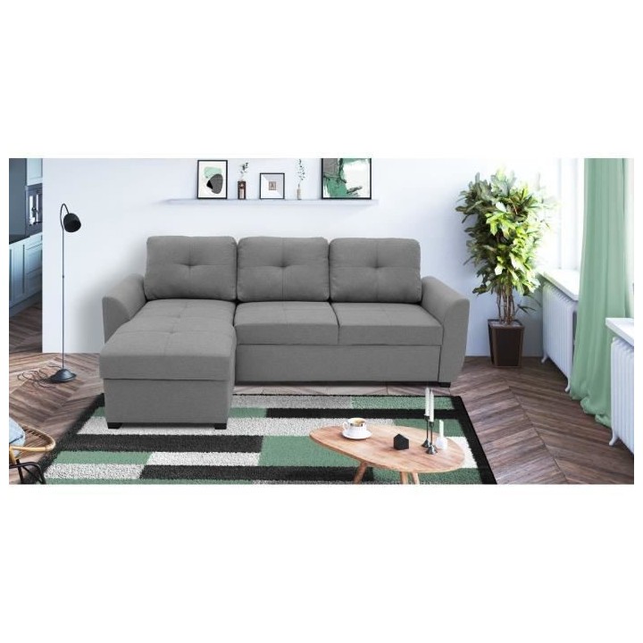 Canapé d'angle convertible réversible FOLK - Coffre - Tissu Gris cla