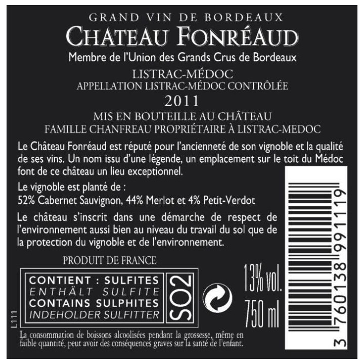 Château Fonréaud 2011 Listrac-Médoc - Vin rouge de Bordeaux