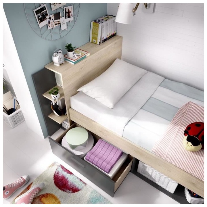 SAX Lit enfant multiples rangements - Décor Chene et anthracite - 90