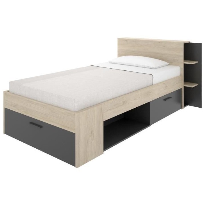 SAX Lit enfant multiples rangements - Décor Chene et anthracite - 90