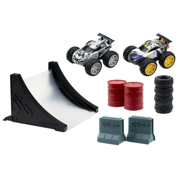 EXOST JUMP - Pack duo : 2 petites voitures a friction + accessoires -