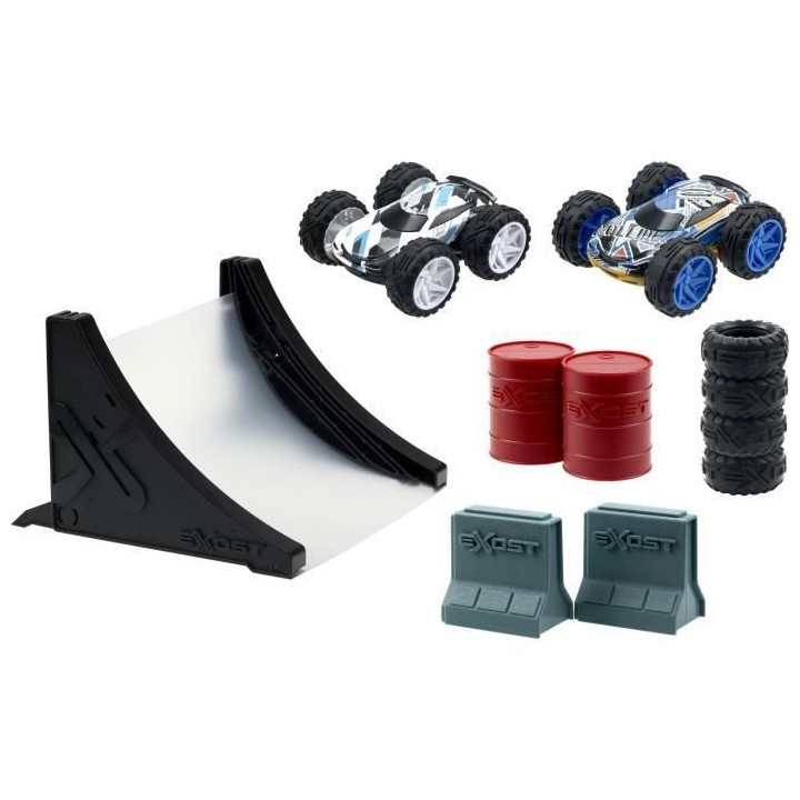 EXOST JUMP - Pack duo : 2 petites voitures a friction + accessoires -