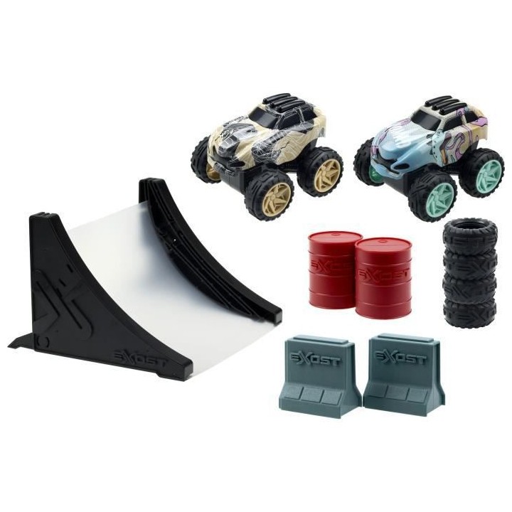 EXOST JUMP - Pack duo : 2 petites voitures a friction + accessoires -