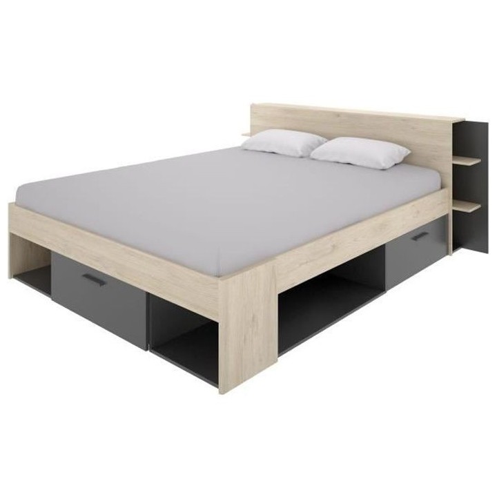 SAX Lit adulte - 140x190 cm - 3 tiroirs + Tete de lit avec rangement -