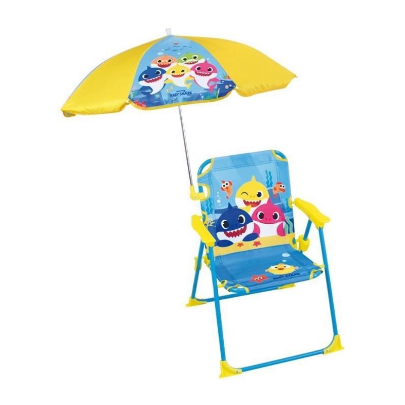 FUN HOUSE Baby Shark Chaise pliante camping avec parasol - H.38.5 xl.38.5 x P.37.5 cm + parasol ø 65 cm - Pour enfant