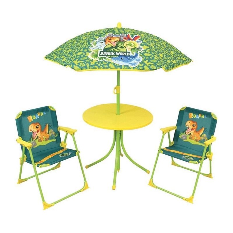 FUN HOUSE Jurassic Salon de jardin dinosaures - 1 table 46 x ø46 cm, 2 chaises 53 x 38,5 x 37,5 cm et 1 parasol 125 x ø100 cm