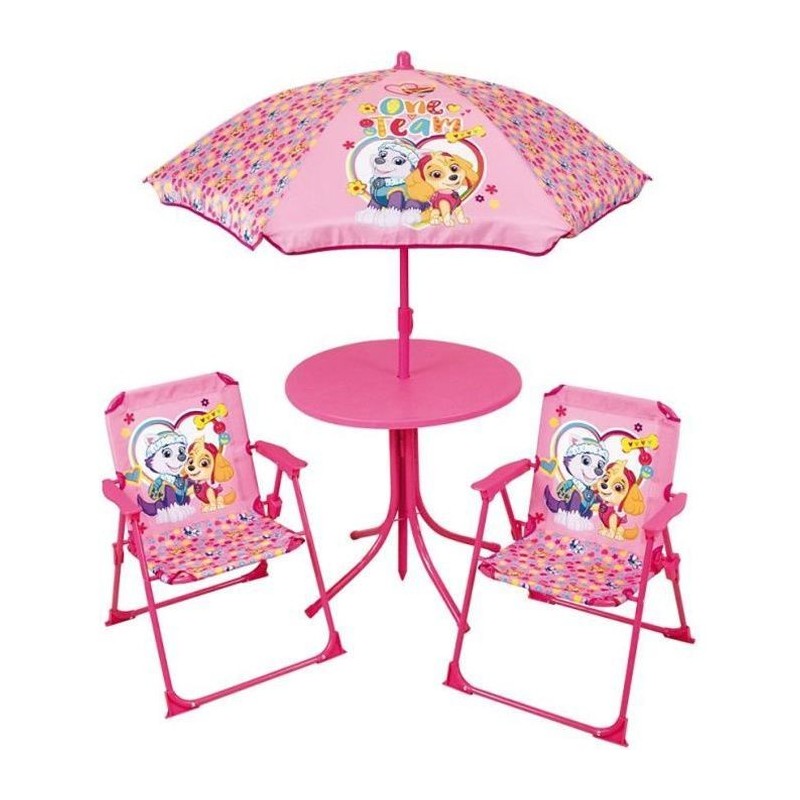 FUN HOUSE PAT'PATROUILLE Salon de jardin - 1 table 46xø46 cm, 2 chaises H.53xl.38,5xP.37,5cm et 1 parasol