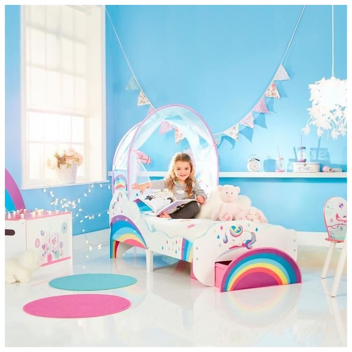 Lit pour enfant licornes et arcs-en-ciel avec ciel de lit et tiroir de
