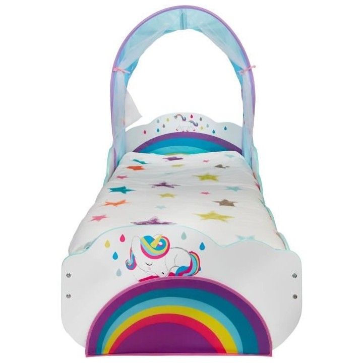 Lit pour enfant licornes et arcs-en-ciel avec ciel de lit et tiroir de
