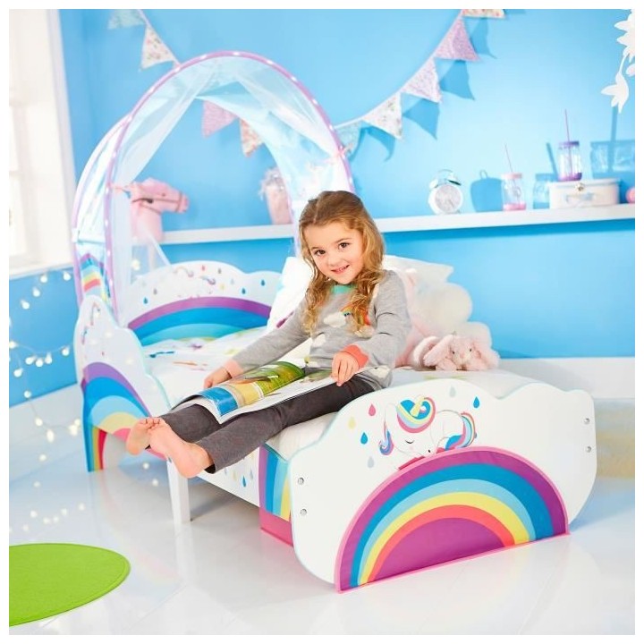 Lit pour enfant licornes et arcs-en-ciel avec ciel de lit et tiroir de