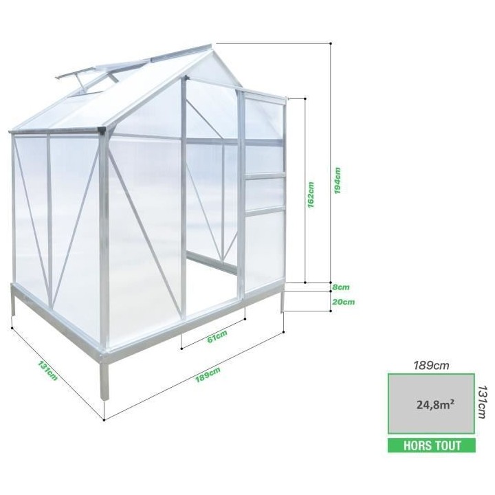 Serre de jardin en polycarbonate 2,51 m² - 1,9 x 1,32 x 2,01 m
