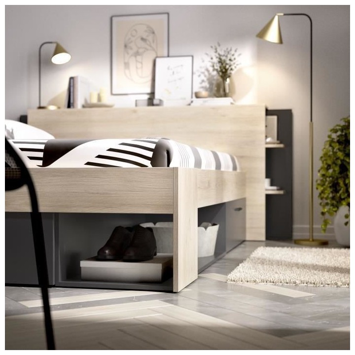 SAX Lit adulte - 140x190 cm - 3 tiroirs + Tete de lit avec rangement -