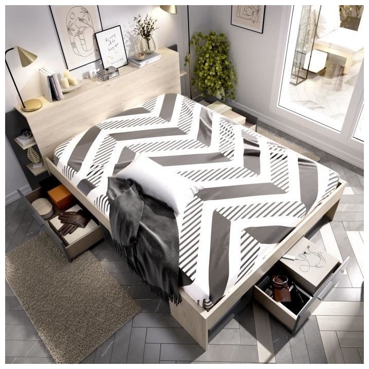 SAX Lit adulte - 140x190 cm - 3 tiroirs + Tete de lit avec rangement -