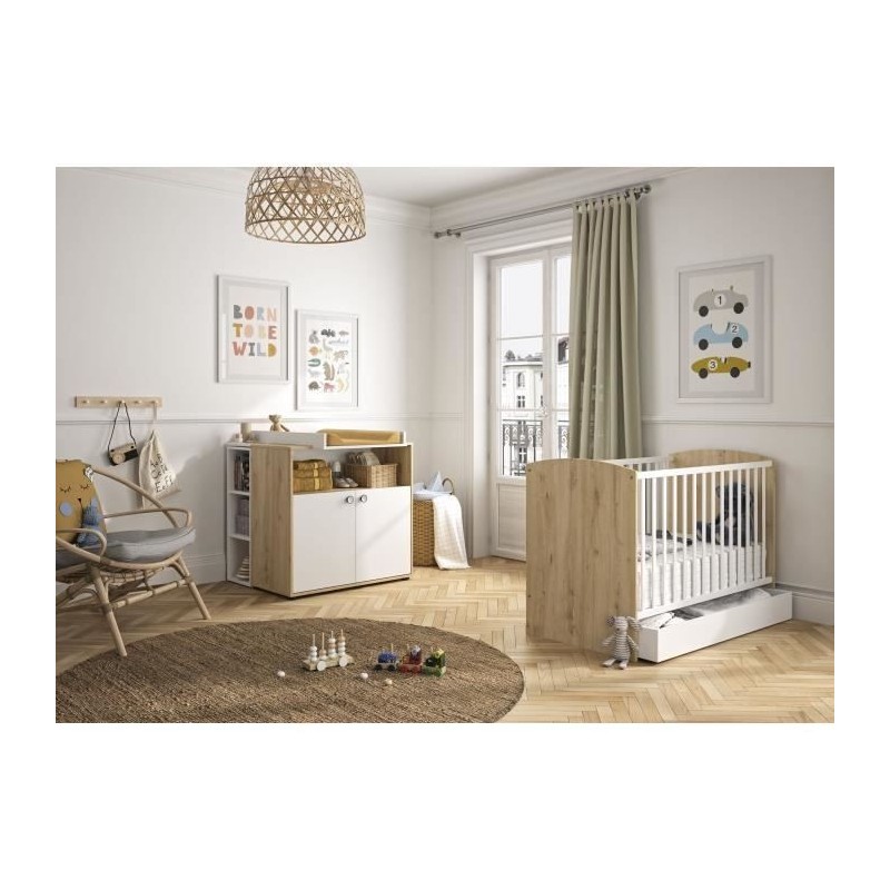 Chambre bébé Duo : Lit + Commode a langer ARTHUR - Décor chene blond - 70 x 140 cm - GALIPETTE