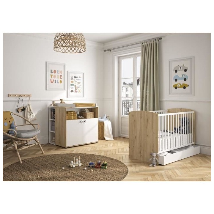 Chambre bébé Duo : Lit + Commode a langer ARTHUR - Décor chene blon