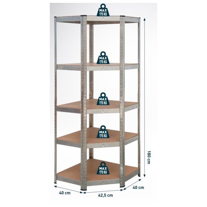 PRACTO HOME Etagere de rangement bois/galva d'angle - 180 x 70 x 40 cm