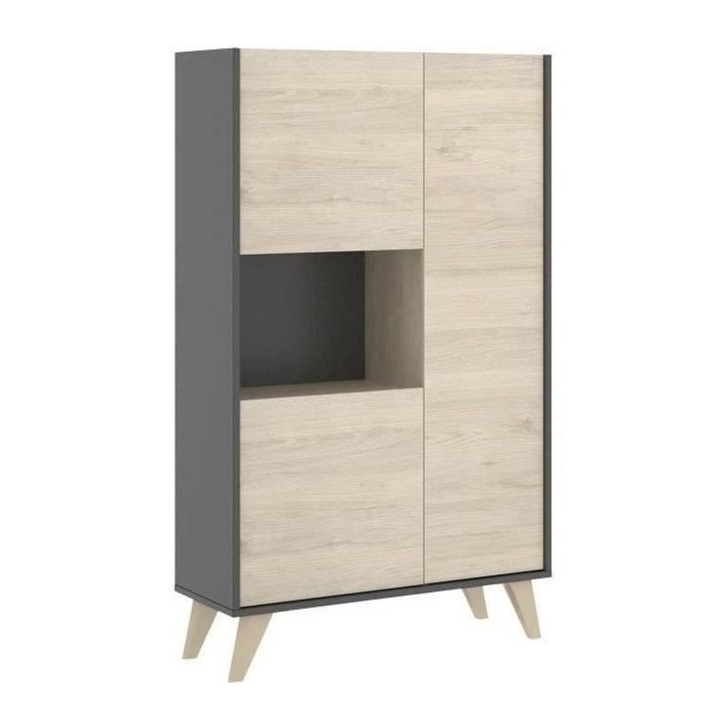 Buffet haut - Décor graphite et Chene - 3 portes + 1 niche - NESS - L 81 x P 43 x H 135 cm