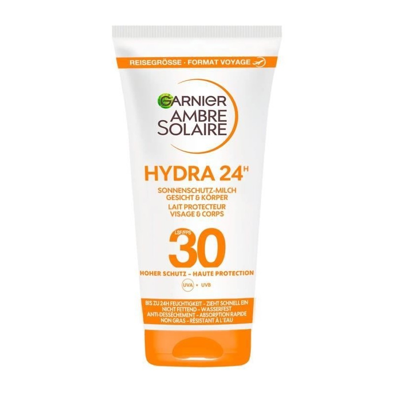 Lait protecteur visage et corps - GARNIER - Ambre Solaire - Hydra 24H - FPS30 - Format voyage - 50 ml