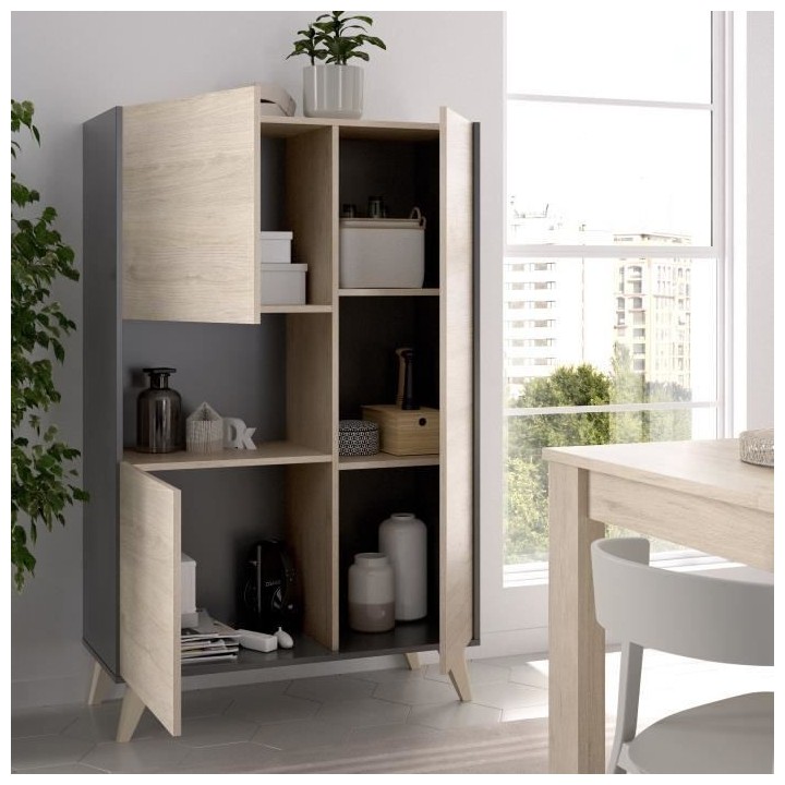 Buffet haut - Décor graphite et Chene - 3 portes + 1 niche - NESS - L