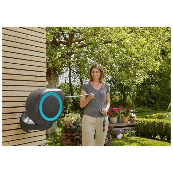GARDENA Dévidoir automatique mural RollUp S liseret bleu – Longueur