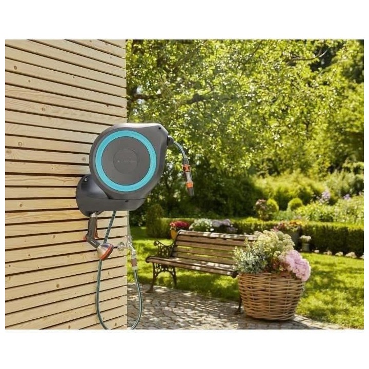 GARDENA Dévidoir automatique mural RollUp S liseret bleu – Longueur
