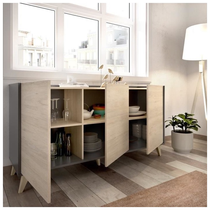 Buffet - Panneaux de particule - Bois clair et graphite - 3 portes - N
