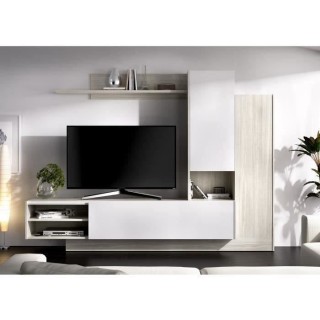 Meuble TV paroi murale 2 portes et 1 étagere - Décor chene et blanc