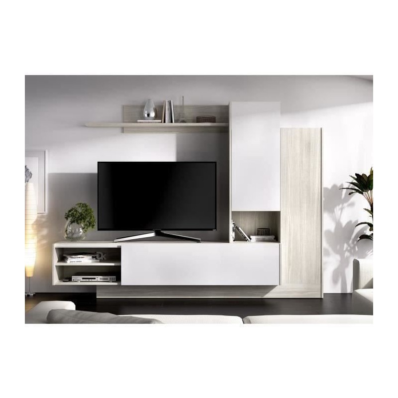 Meuble TV paroi murale 2 portes et 1 étagere - Décor chene et blanc - L 218 x P 40 x H 168 cm - ELM