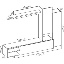 Meuble TV paroi murale 2 portes et 1 étagere - Décor chene et blanc - L 218 x P 40 x H 168 cm - ELM