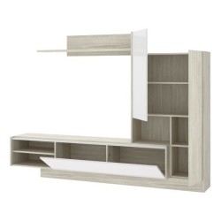 Meuble TV paroi murale 2 portes et 1 étagere - Décor chene et blanc - L 218 x P 40 x H 168 cm - ELM