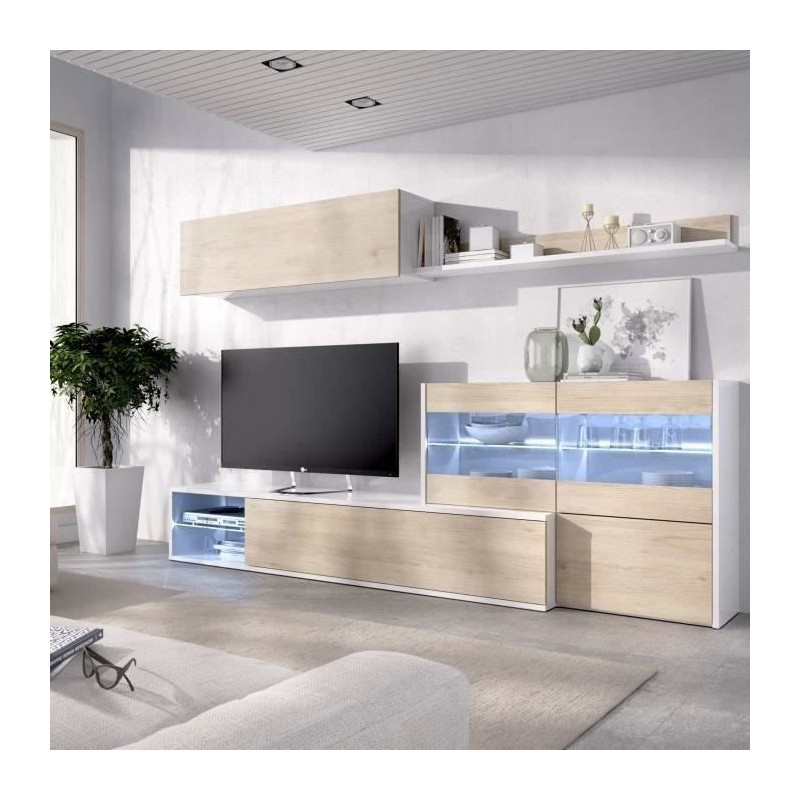 Ensemble meuble séjour living avec vitrine LED - Décor chene et blanc - L 260 x P 41 x H 180 cm - UMA