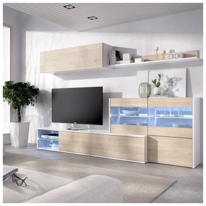 Ensemble meuble séjour living avec vitrine LED - Décor chene et blan