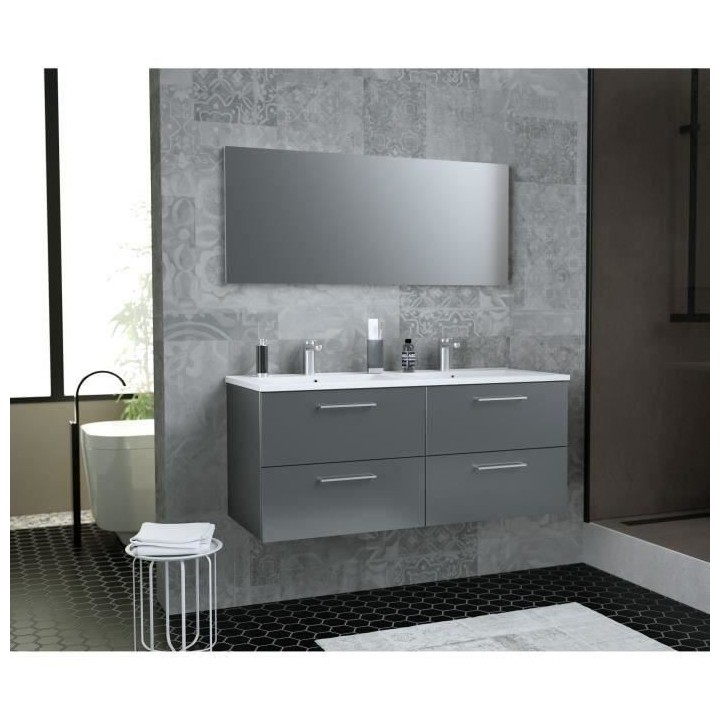 GLOSSY Meuble de Salle de bain double vasque L 120cm - Gris foncé laq