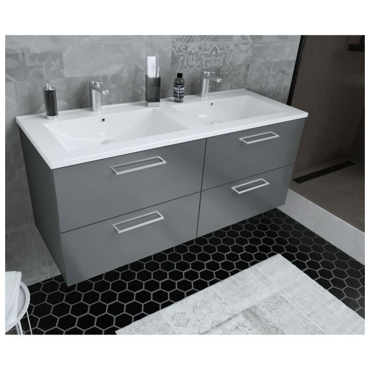 GLOSSY Meuble de Salle de bain double vasque L 120cm - Gris foncé laq