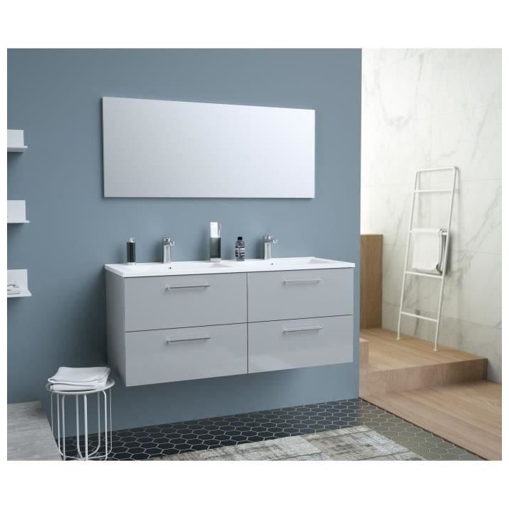 GLOSSY Meuble de Salle de bain double vasque L 120cm - Gris clair laqu