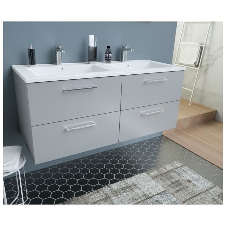 GLOSSY Meuble de Salle de bain double vasque L 120cm - Gris clair laqu