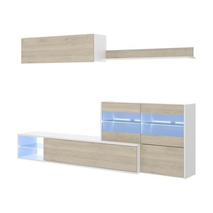 Ensemble meuble séjour living avec vitrine LED - Décor chene et blan